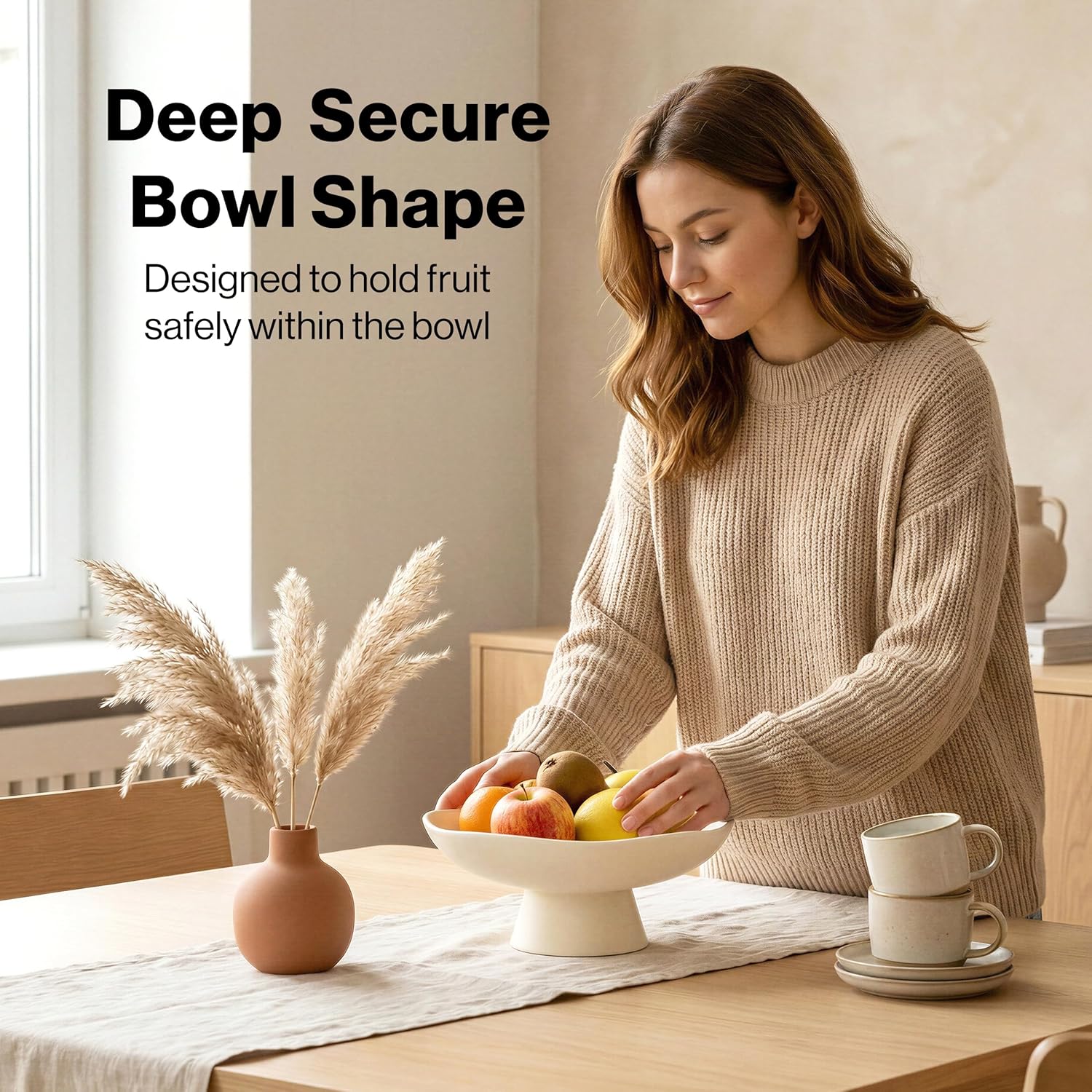 Modern Concrete Fruit Bowl for Kitchen Counter – Cream White Decorative Pedestal Bowl, 11.2” Wide Minimalist Fruit Tray for Home Décor, Table Decor, Entryway Key Bowl