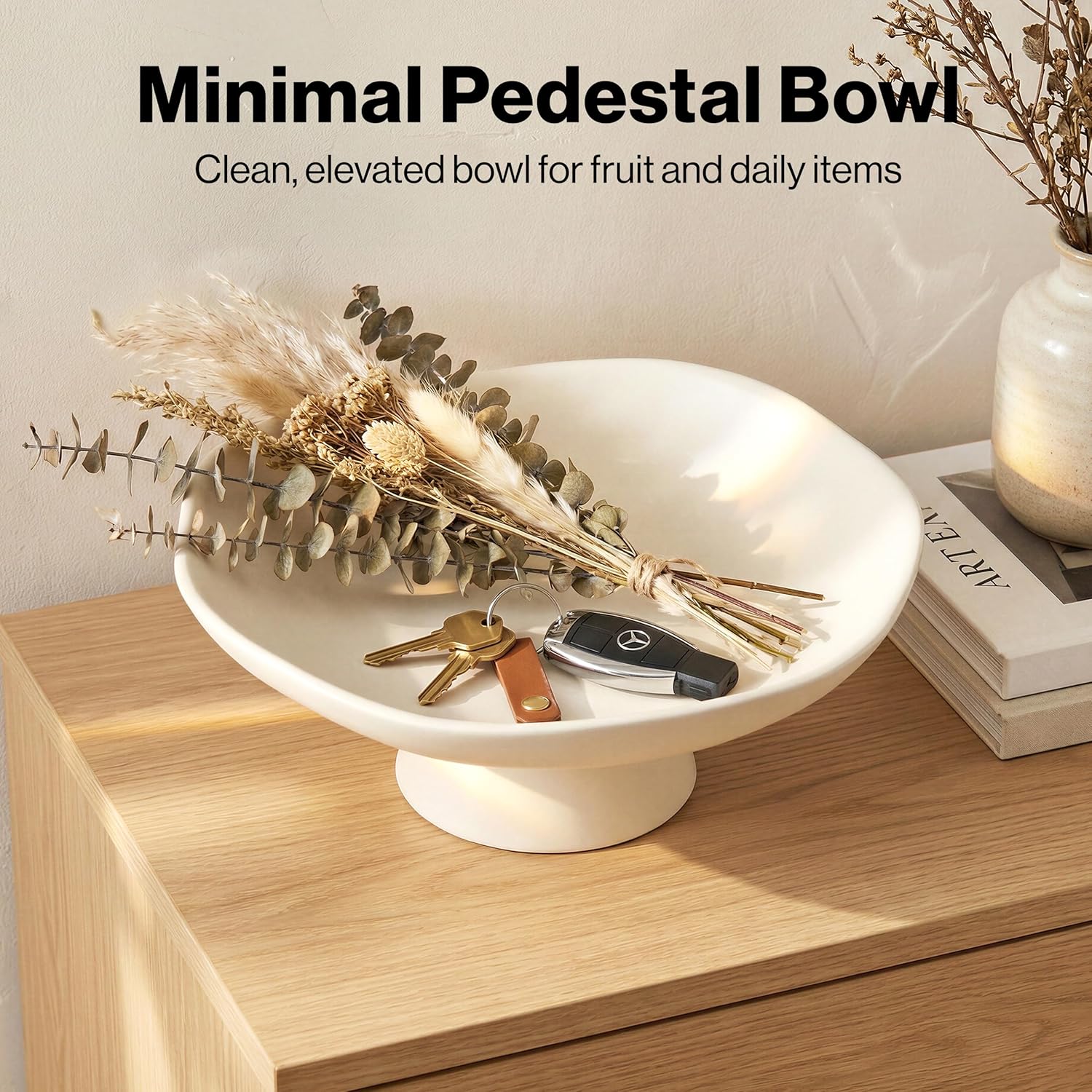 Modern Concrete Fruit Bowl for Kitchen Counter – Cream White Decorative Pedestal Bowl, 11.2” Wide Minimalist Fruit Tray for Home Décor, Table Decor, Entryway Key Bowl